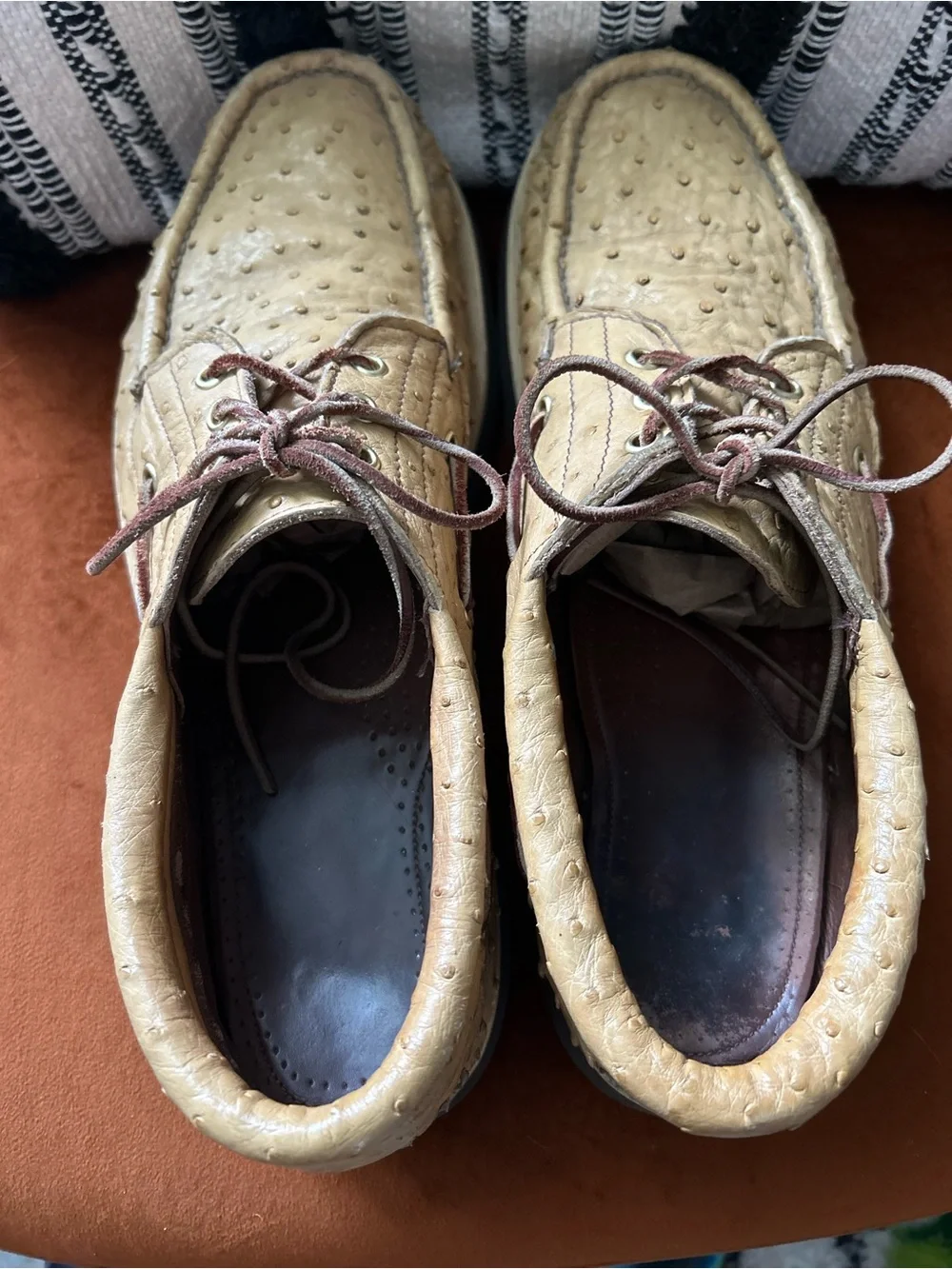 Men's Tan Ostrich-Texture Boat Shoes with Brown Laces